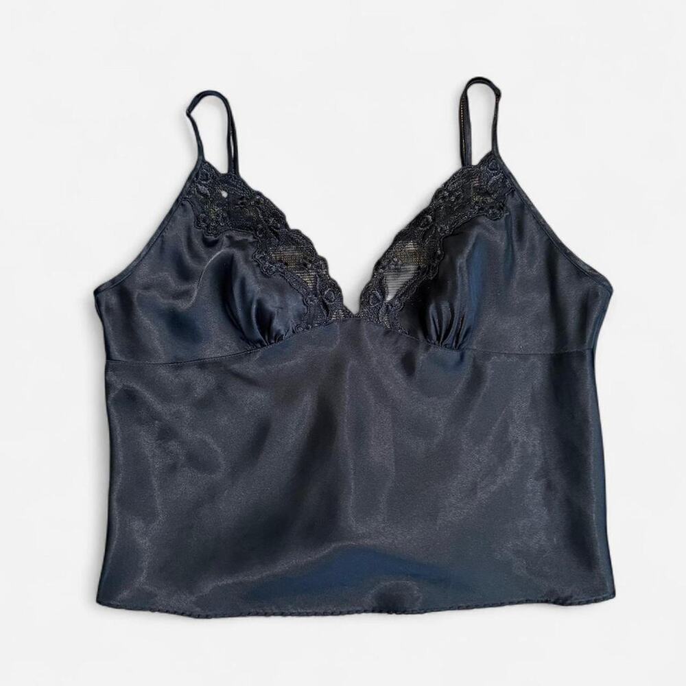 VTG Y2K Victoria's Secret Black Satin Floral Lace Trim Cropped Mini Cami Top M - Picture 6 of 8